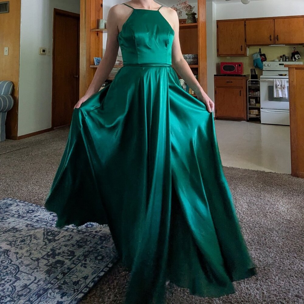 Betsy & Adam Emerald Green Satin Prom Dress